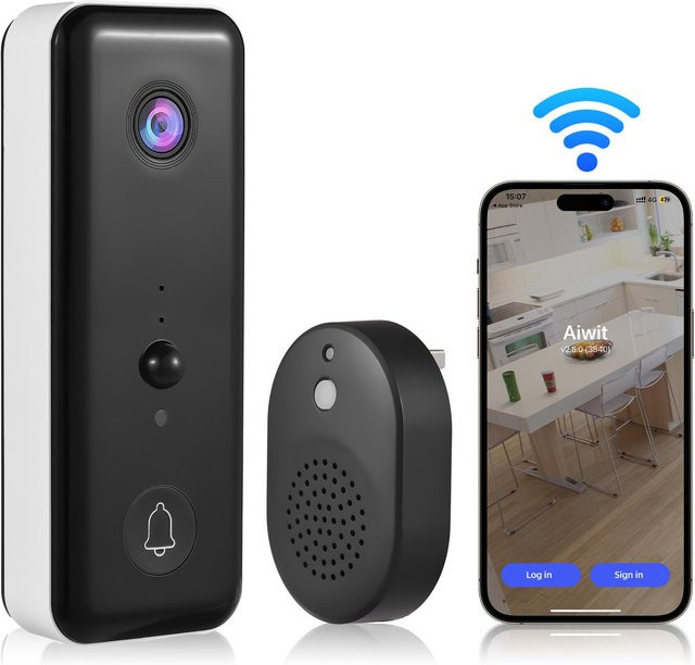AIWIT Kabellose Video-Türklingelkamera mit Klingelton, batteriebetrieben, KI-PIR-Personenerkennung, IP65 wasserdicht, 2,4 GHz WLAN, 2-Wege-Audio und Nachtsicht, Weiß - Bild 1