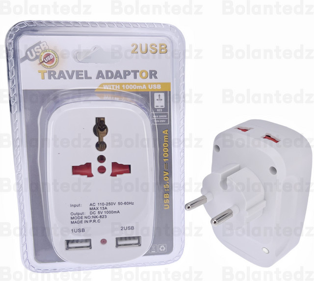 Bolantedz Universal Reiseadapter mit 2 USB-Ladeanschlüssen und LED, EU & UK Konverter, Weiß - Bild 1