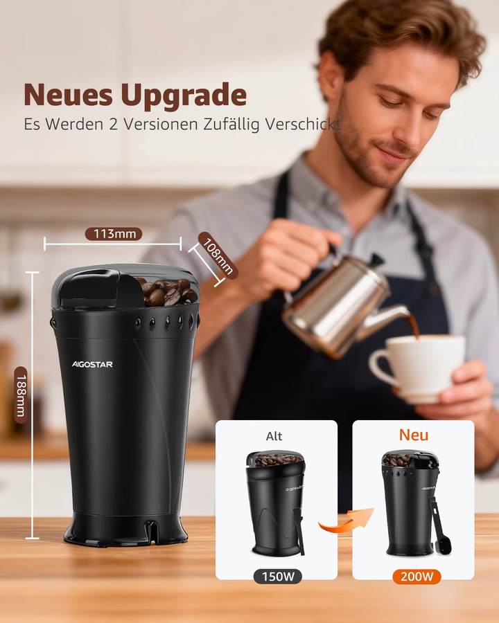 Aigostar Elektrische Kaffeemühle und Gewürzmühle in Schwarz mit Edelstahl-Schlagmesser und 150 Watt Leistung - Bild 2