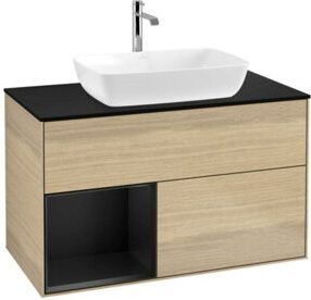 V&B Waschtischunterschrank Finion 100 mit Wandbeleuchtung in Beige und Eiche lackiert, B: 100 cm, T: 50,1 cm, H: 50,1 cm - Bild 1
