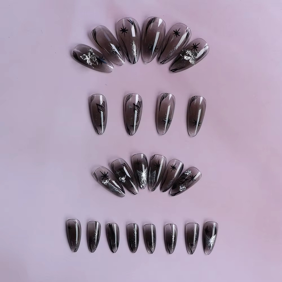 RTAUG Künstliche Nägel Stiletto, Schwarz Silber, 24 Stück - Bild 2