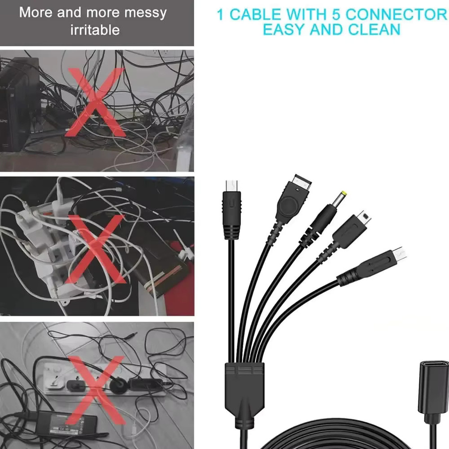 Multi 5-in-1 Typ-C-Ladekabel von Nintendo in Schwarz für Nintendo New 3DS XL, NDS Lite, NDSi LL, Wii U, Nintendo GBA und Sony PSP 1000/2000 - Bild 4