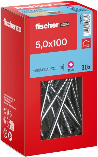 Fischer Holzbauschraube mit Stufensenkkopf und TX25 Torx, Teilgewinde, verzinkt, Farbe: Silber/Blau, Durchmesser: 5 mm, Länge: 100 mm, 30 Stück - Bild 1