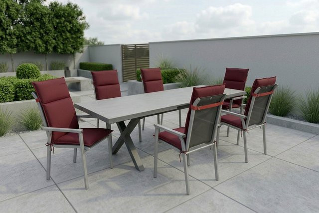 Kettler BasicPlus Pro Garten-Essgruppe in Silber und Bordeaux mit 6 Stapelsesseln und Polstern, B/T: 260 x 100 cm oder 200 x 100 cm - Bild 1