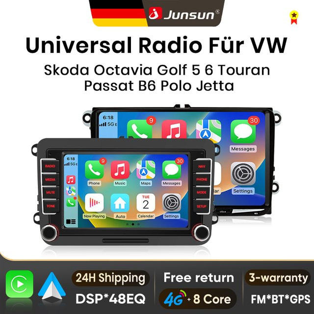 Junsun Android Autoradio mit 7 Zoll IPS-Bildschirm und Bluetooth für VW Volkswagen Skoda Octavia Golf 5 6 Touran Passat B6 Polo Jetta, kabellos für Apple CarPlay, Schwarz - Bild 1