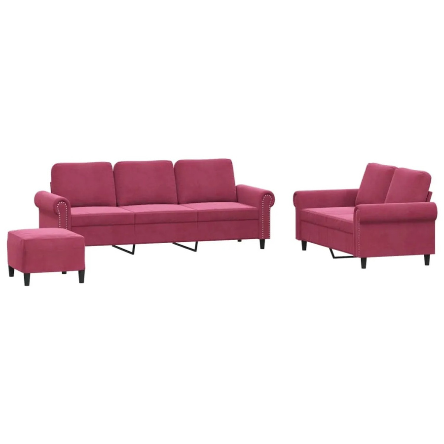 vidaXL 3-teilige Sofagarnitur aus Samt in Weinrot mit 3-Sitzer, 2-Sitzer und Ottoman inklusive Kissen - Bild 2