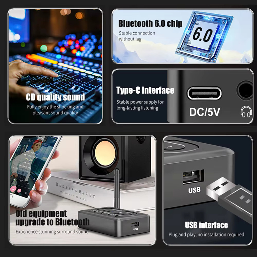 Kebidu Bluetooth 6.0 Audio Receiver Drahtloser Musik Adapter mit Mikrofon für Auto und Lautsprecher in Schwarz mit 3,5mm Jack und RCA Anschluss - Bild 2