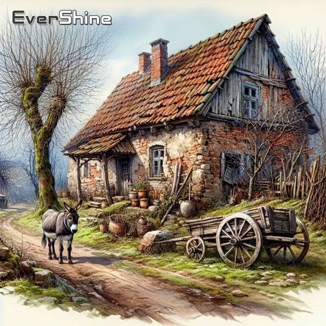 Evershine DIY Diamantgemälde Haus Landschaft mit runden Mosaiksteinen für Anfänger, B/H: 20 x 20 cm - Bild 1