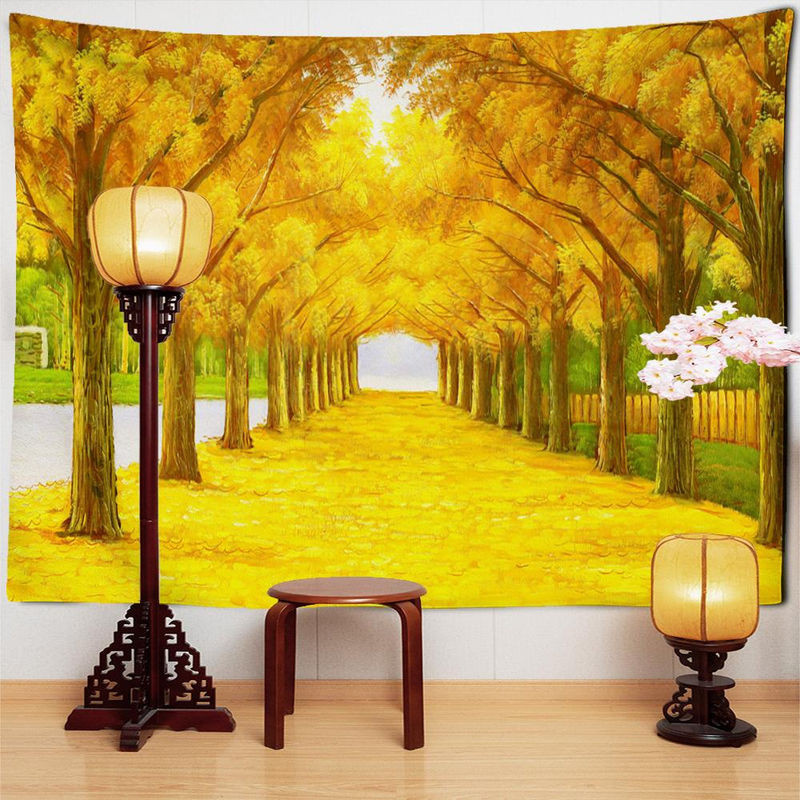Super Six Wandteppich im Bohemian Stil mit psychedelischem Engel und Herbstlandschaft, Textildruck in Gelb, B: 95 cm, H: 70 cm - Bild 1