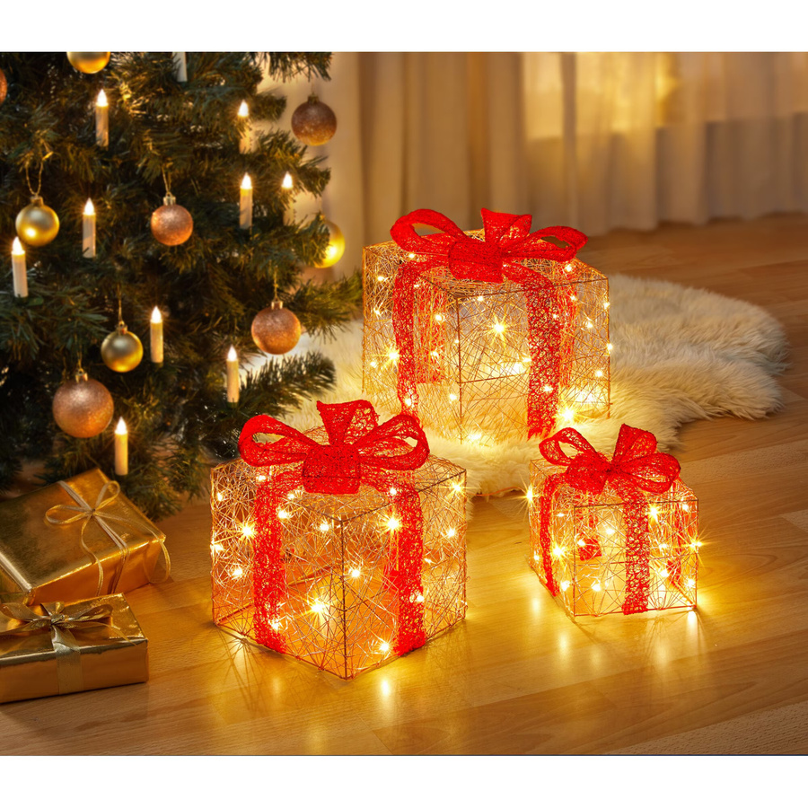 3-teilige LED-Dekofigur Geschenke Trio von Viva Domo in Gold und Rot aus Metall - Bild 2