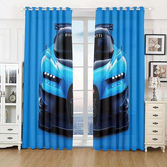 Halbsonnenlicht-Vorhang mit Stadt-Sportwagen-Landschaft 3D-Druck aus Polyester, Blau, B: 100 cm, H: 130 cm - Bild 1