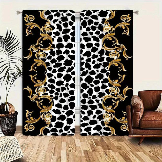 2-teiliges Set halbtransparente Vorhänge mit Leopardenmuster von Yiran Furniture in Multicolour, glänzendes Metallic-Finish, Breite: 50 cm, Höhe: 130 cm, inklusive Haken - Bild 1
