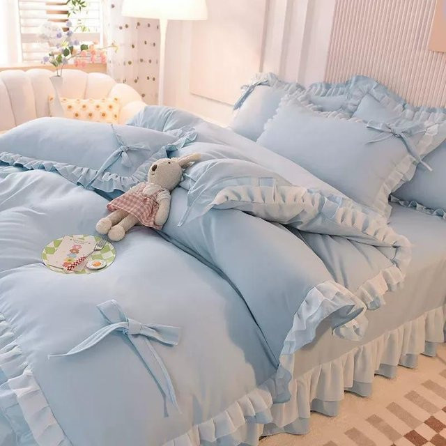 Bin Chi Textiles Mädchen Bettwäsche Set aus Seersucker in Blau, 4-teilig, B/H: 150 x 200 cm - Bild 1