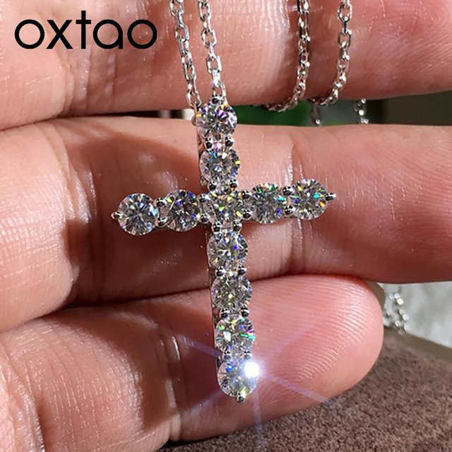 OXTAO Halskette Moissanit-Kreuz-Anhänger, Silber, Unisex - Bild 1