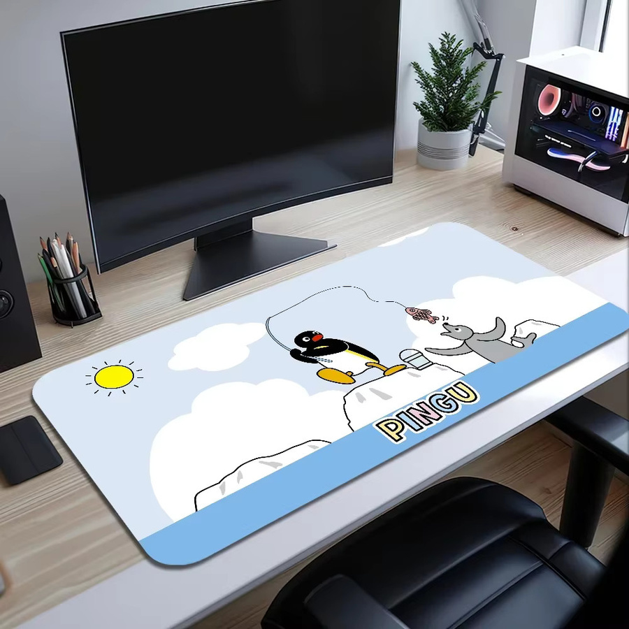 Großes Gaming Mauspad mit niedlichem Cartoon Pinguin Design, mehrfarbig, mit genähten Kanten und rutschfester Basis für deinen Schreibtisch - Bild 2