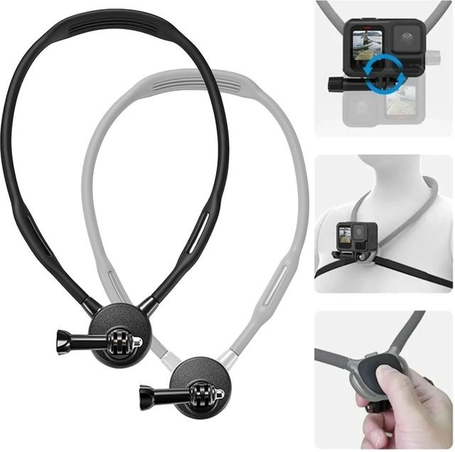2-in-1 Halshalterung SE 2.0 für GoPro, Insta360 und DJI OSMO Action sowie Smartphones, universelles Zubehör in Schwarz - Bild 1