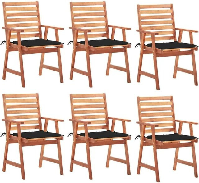 vidaXL Garten-Essstühle Set aus 6 Stück aus Akazien-Massivholz mit Kissen in Braun und Schwarz - Bild 1
