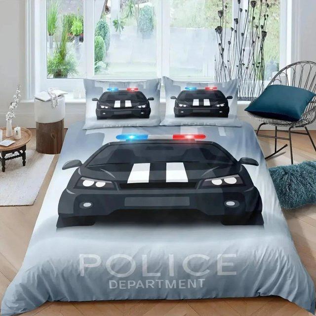 Flylo Bettwäsche Set mit Cartoon Polizeiauto für Kinder, Blau, Polyester, 2-teilig, B: 133 cm, H: 70 cm - Bild 1
