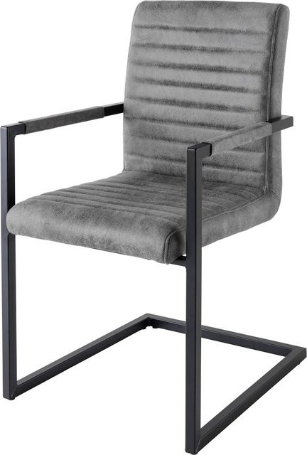 Esszimmerstuhl riess-ambiente LOFT Freischwinger im Industrial Design mit Armlehnen und Eisengestell, Farbe Grau mit Ziersteppung - Bild 1