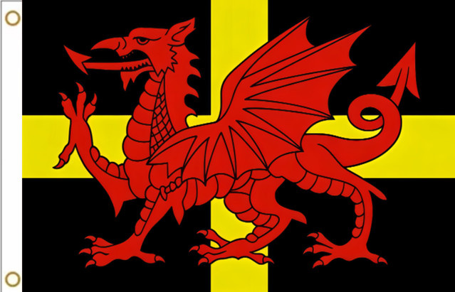Walesische Flagge mit dem Roten Drachen und Schwarz-Gelbem Kreuz aus Polyester, Wanddekoration in Rot, Schwarz und Gelb, B/H: 152 x 91 cm und 152 x 183 cm - Bild 1