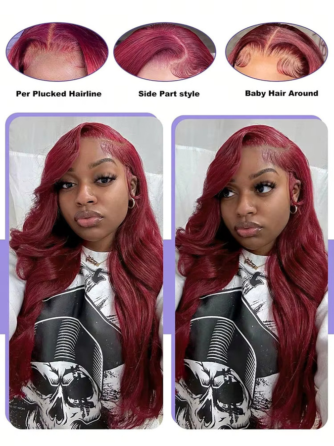 BUNGIOL Perücke Echthaar, Body Wave, Burgunderrot, 36 Zoll, 250% Dichte - Bild 4