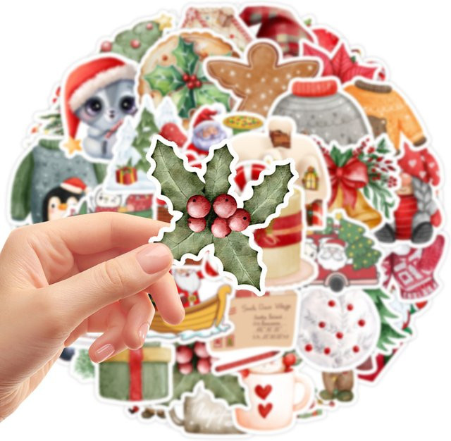 50 Stück Weihnachtliche Aufkleber Set mit Weihnachtsmann und Schneemann in Multicolor für Scrapbooking und Dekorationen - Bild 1