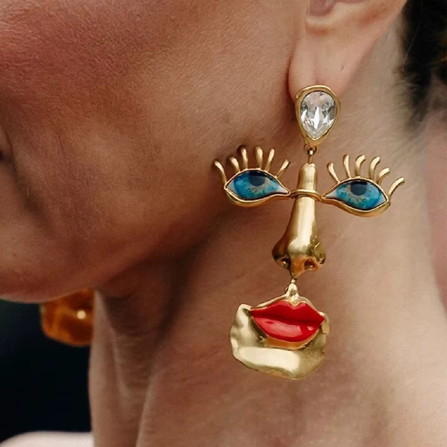 Nunqiao Anhänger-Ohrringe, rote Lippen mit Augen, Kristall, Gold, Damen - Bild 2