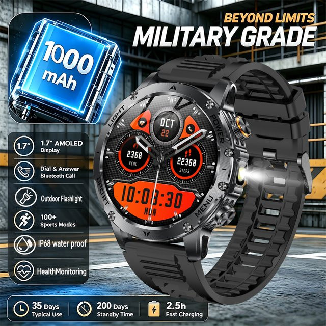 Militär-Smartwatch T-Rex 3 Ultra in Schwarz mit 1000mAh Akku, IP68 wasserdicht, Fitness-Tracker mit Herzfrequenzmessung und Taschenlampe für Herren - Bild 1