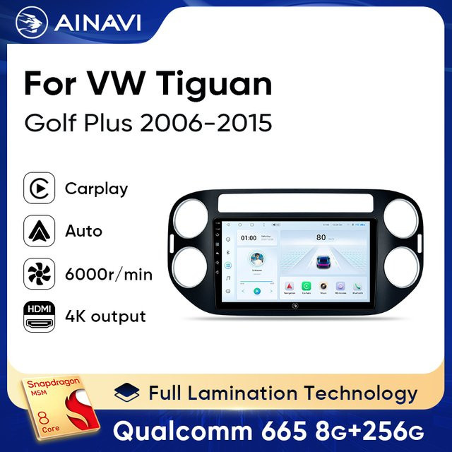 Ainavi Auto Multimedia Radio für Volkswagen VW Tiguan und Golf Plus mit drahtlosem Carplay und HDMI-Ausgang, Schwarz - Bild 1