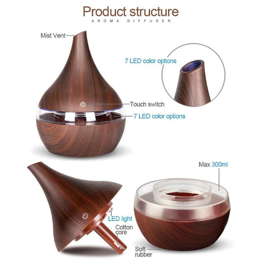 Elektrischer Aroma Luftbefeuchter von KONNWEI mit 300ml Volumen, USB-Betrieb, Kaltnebelgenerator für Aromatherapie in Hellbraun mit Holzoptik - Bild 4