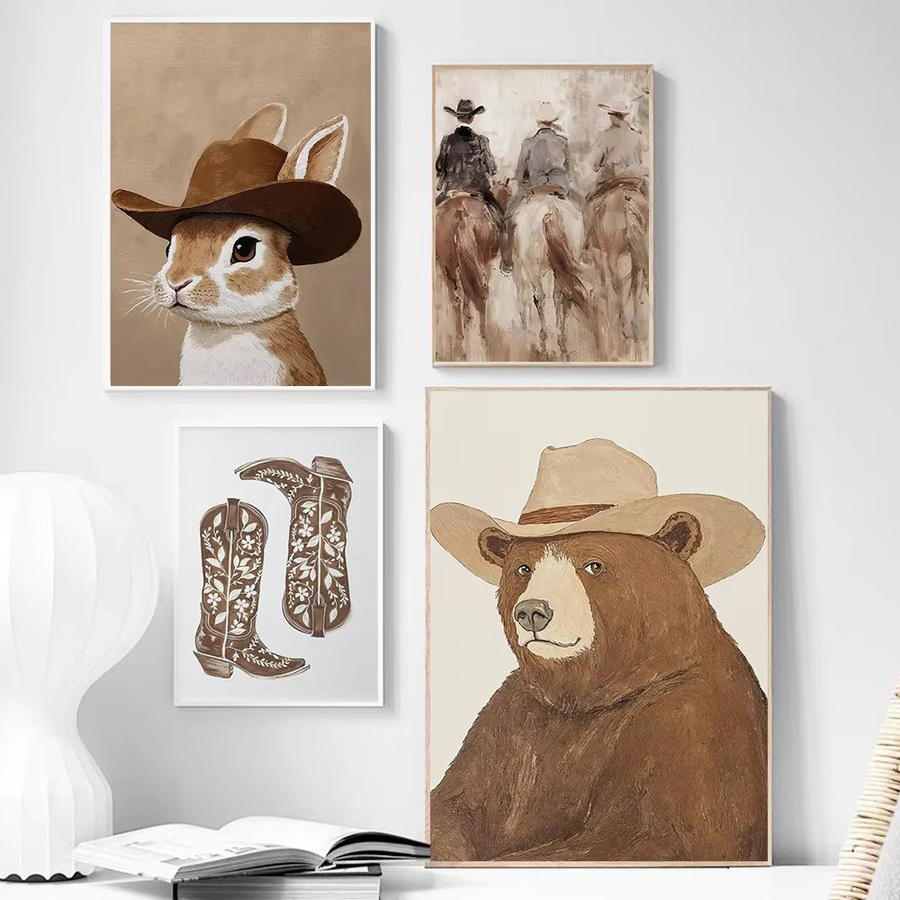 Potdemiel Leinwandmalerei Western Cowboy und Pferd Wandbild im Land-Rodeo-Stil, Mehrfarbig - Bild 1