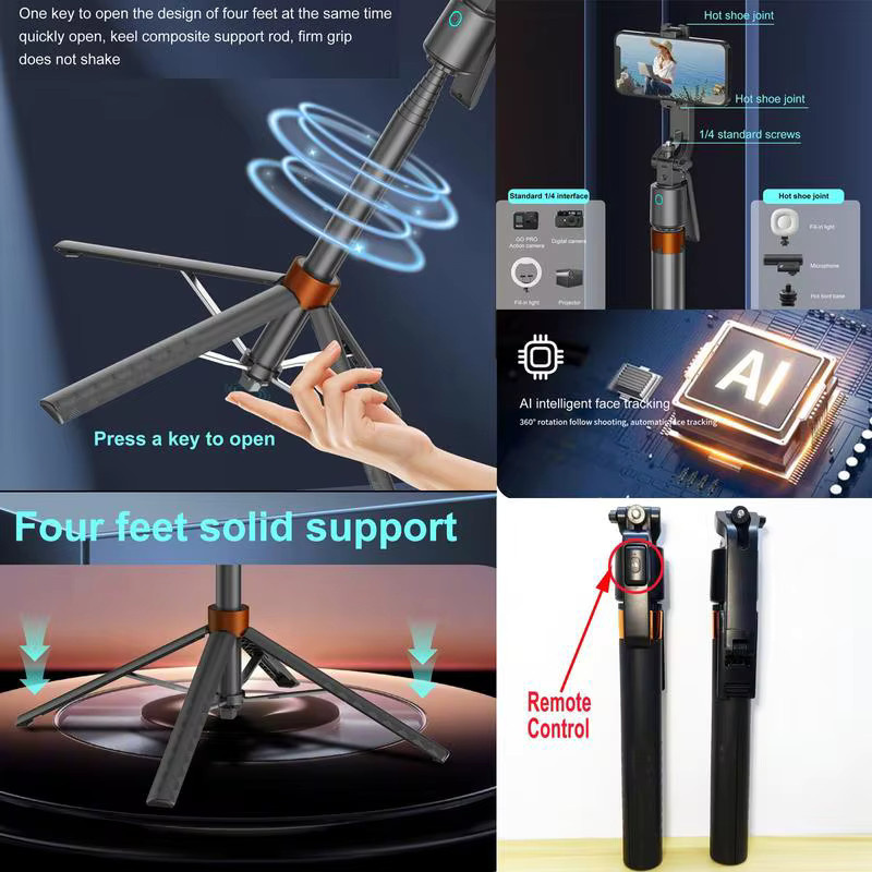 SJBOB 360 Grad drehbarer Selfie-Stick Stativ mit Smart Face Tracking und 2 LED-Leuchten in Schwarz - Bild 2