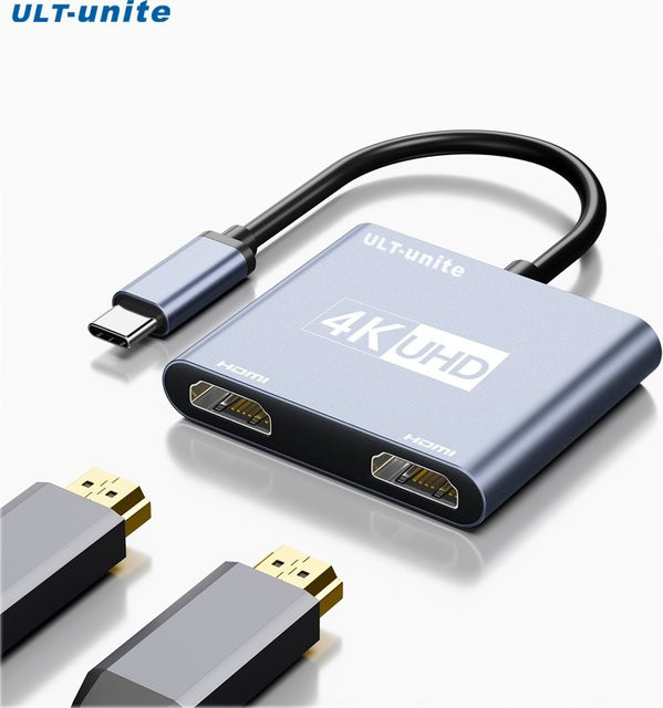 ULT-unite USB-C-zu-Dual-HDMI-Adapter 4K@60Hz in Grau zur Erweiterung für zwei Monitore, kompatibel mit MacBook Pro Air, iPad, iPhone 15, Dell XPS, ThinkPad, Spectre, Surface, Galaxy S24 und Steam - Bild 1