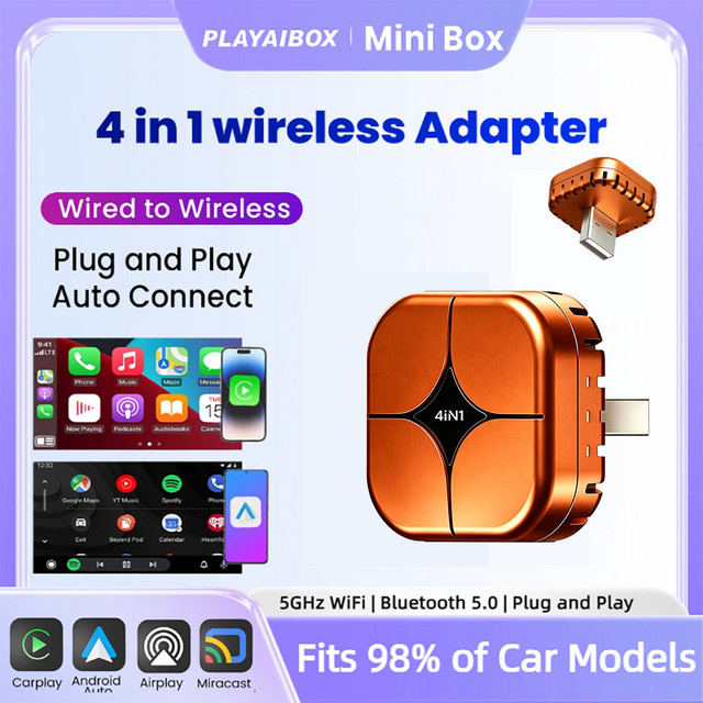 Tripodpie 4-in-1 Carplay Adapter: Kabelloser USB-Adapter für Android Auto und Mirror Link mit Bluetooth und Wi-Fi in Orange - Bild 1