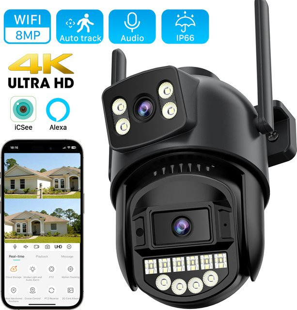 ANBIUX 8MP 4K PTZ WiFi Außenkamera mit Dual-Objektiv, Dual-Screen, AI Human Detect und Auto Tracking via iCSee App - Bild 1