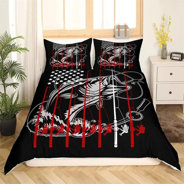 Bettwäsche Set mit Hecht und Streifenbarsch Motiv für Jungen und Teenager, Schwarz, B/H: 135 x 200 cm - Bild 1