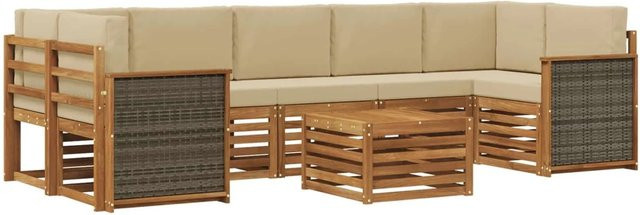 vidaXL Outdoor-Sofagarnitur aus Massivholz Akazie in L-Form, 8-teiliges Set mit Polstern in Natur und Beige - Bild 1