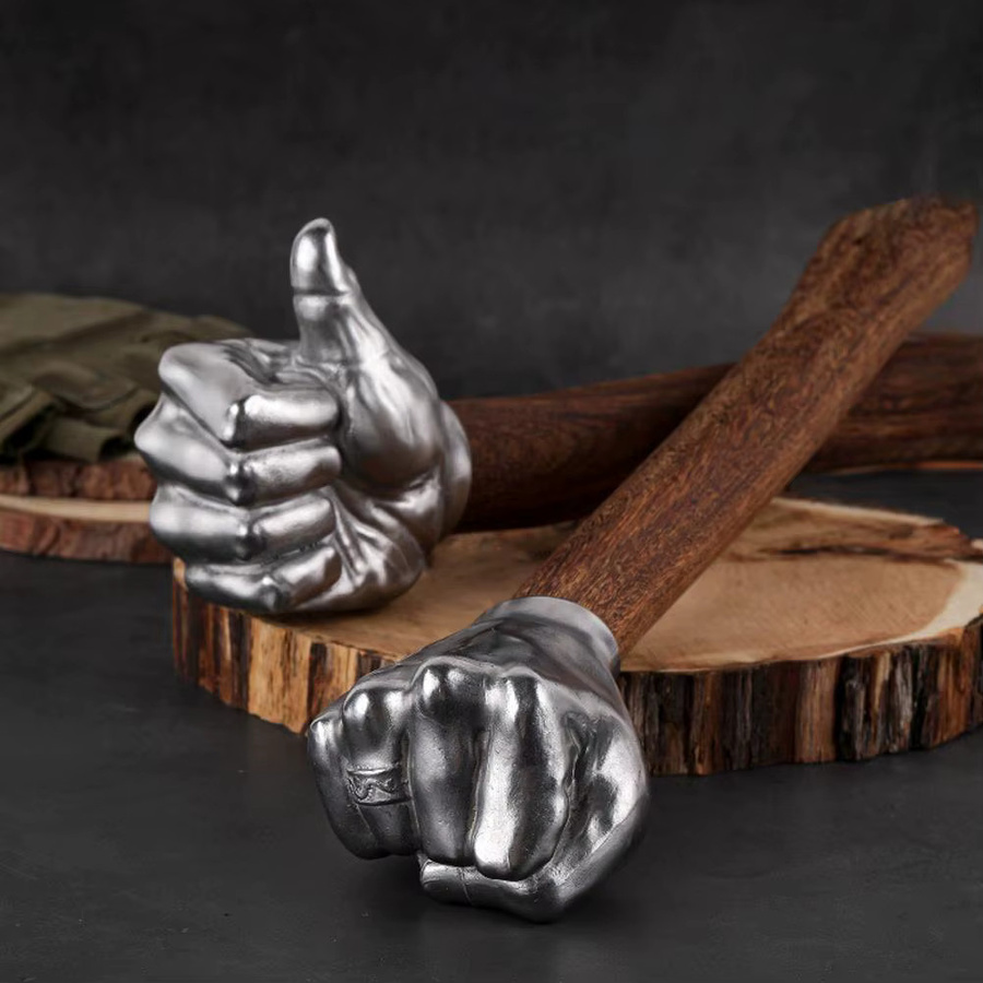 Edelstahl-Daumen-hoch-Hammer aus massivem Metall mit Holzgriff in Silber - Bild 2