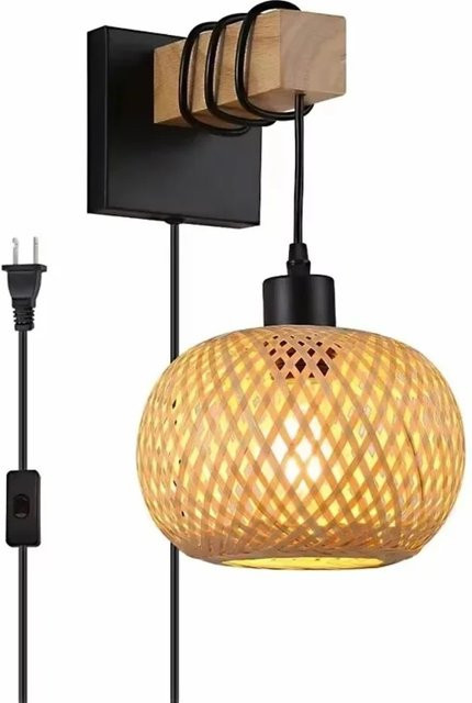 JOYINLED Plug-In-Wandleuchte aus Rattan und Bambus in Beige im Boho-Stil als elegantes Nachtlicht für dein Schlafzimmer - Bild 1