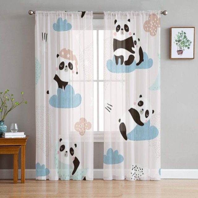 Super Six Transparenter Chiffon-Vorhang mit Panda-Motiv, Mond und Regenbogen für Kinderzimmer und Wohnzimmer, Breite: 135 cm, Höhe: 114 cm - Bild 1