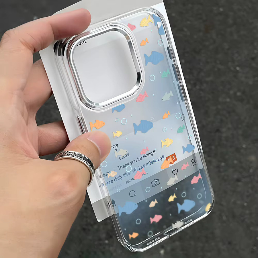 Stoßfeste Silikon-Handyhülle mit Blumenfisch-Design für Apple iPhone 17 Pro Max, 16, 15, 14, 13, 12, 11 in Silber mit Linsenrahmen - Bild 2