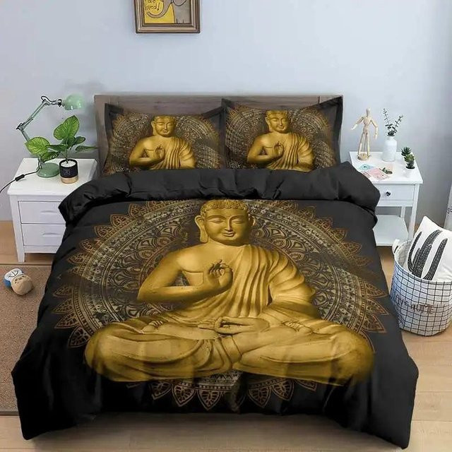 Buddha Bettwäsche Kollektion mit floralem Design und Lachendem Buddha, Schwarz, B/H: 135 x 200 cm - Bild 1