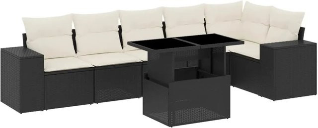 vidaXL 7-teilige Garten-Sofagarnitur in L-Form aus Poly-Rattan mit Kissen in Schwarz-Creme - Bild 1