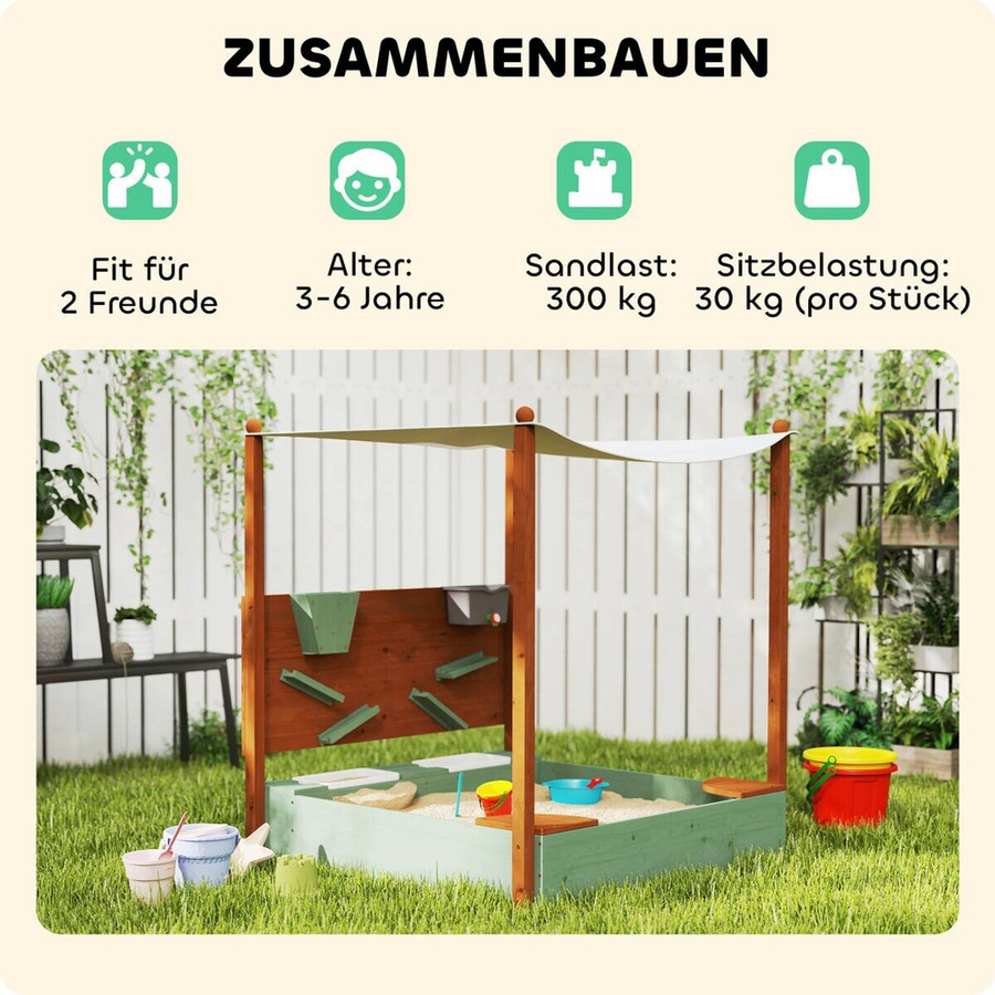 AIYAPLAY Sandkasten aus Holz mit Dach und Sitzfläche in Grün und Braun, B/H/L: 116 x 128 x 112,5 cm - Bild 5