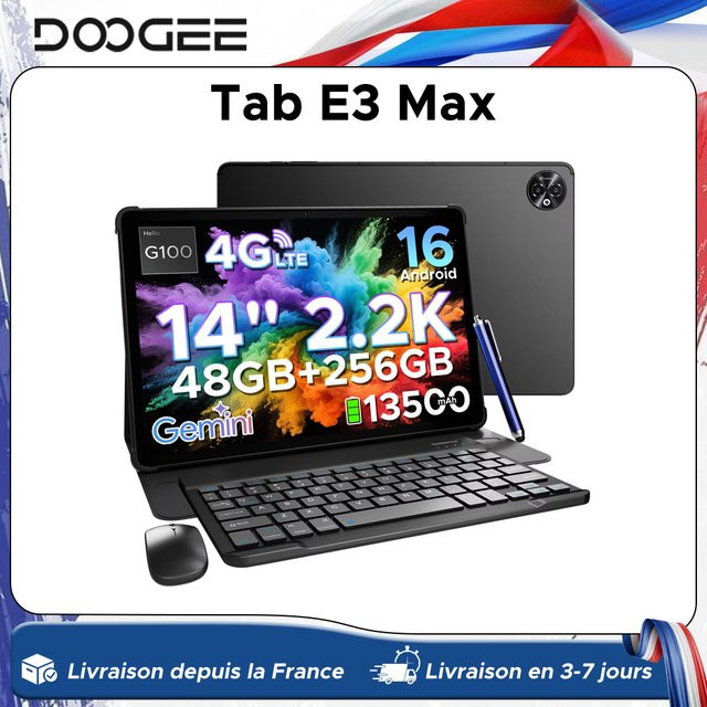 DOOGEE Tab E3 Max 2-in-1 Tablet-PC mit Android 16, 14 Zoll 2.2K Display, 48GB RAM, 256GB ROM und 13500mAh Akku, Schwarz - Bild 1
