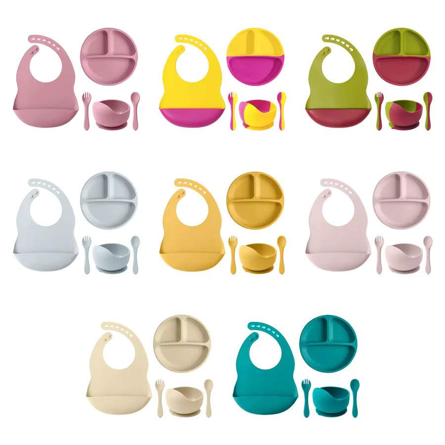 5-teiliges Baby Silikon Geschirr Set mit Lätzchen, Saugschüssel, rutschfester Platte sowie Löffel und Gabel in Mehrfarbig und Pink, BPA-frei - Bild 2