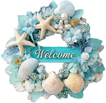 Zena Ozean Willkommensschild Sommer Strand Runder Holzkranz in Blau mit Muscheln und Seesternen Durchmesser: 20 cm - Bild 1