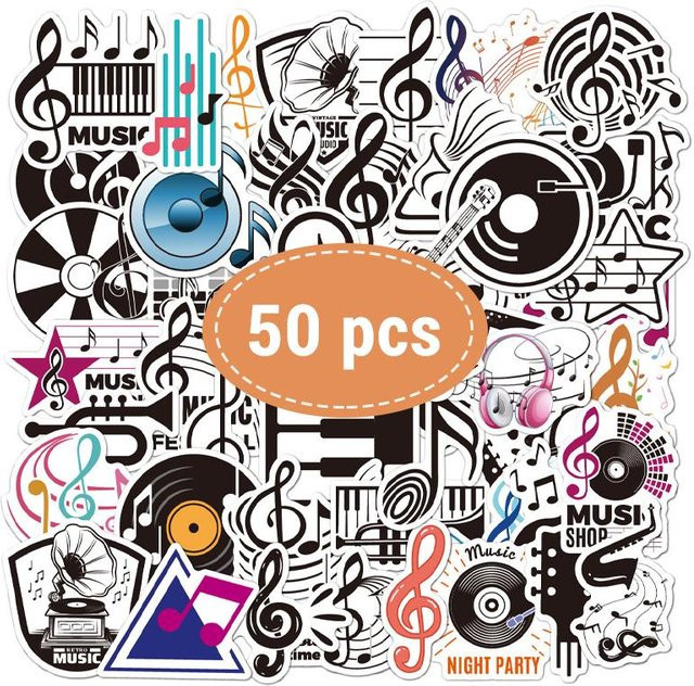 50 Stück Musik-Aufkleber von Fashnics in Orange und Multicolour, wasserfeste Vinyl-Aufkleber mit musikalischen Noten für Scrapbooking - Bild 1