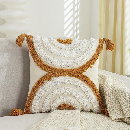 JMG Clothing Boho Kissenbezug mit tuftiertem geometrischem Laub- und Sonnenmotiv in Beige, B/H: 45 x 45 cm