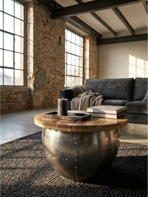 KADIMA DESIGN Couchtisch aus Mangoholz und Metall im Industrial Design, rund, Silber/Braun, B/T/H: 60 x 43 x 60 cm - Bild 1